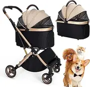 3 in 1 Multifunctional Pet Stroller with Detachable Travel Carrier,Zip Large Space Aluminum Dog Stroller for Small/Medium Dog/Cats up to 44 LBS,One-Touch Foldable Cat Strollers for 2 Cats (Khaki)