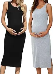 [Brynmama] 2 Pack Casual Maternity Skirt Summer Pregnancy Dress Sleeveless Side Split Midi for Pregnant Women