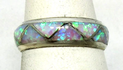 Native American Navajo Ring Size 8 Lab Created Opal Inlaid Wedding Band 925 247