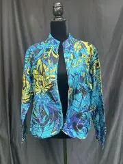 New Chico's Size 2 Silk Blazer Jacket Womens Large 12 Blue Green Patchwork Beads
