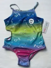 NWT Dot & Zazz Girl Swim XS 4/5 Bathing suit 1pc Metallic Unicorn Swimsuit UPF50