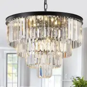 Modern Black Crystal Chandeliers24” Ceiling Round ChandelierLuxury Flush Moun...