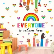 Kids Equality Wall Stickers Inspirational Quotes Wall Decals Colorful Classroom Wall Decor Rainbow Heart Hands Wall Stickers Everyone is Welcome Here Wall Decals for School Playroom Decor