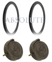 2 BLACK BICYCLE DURO TIRES W/HEAVYDUTY TUBES IN 26 X 1.50 SEMI-SLICK TREAD.