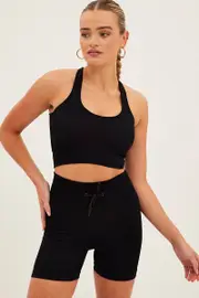 Black Seamless Halter Top And Bike Shorts Activewear Set - Size L, Women's Aw Set