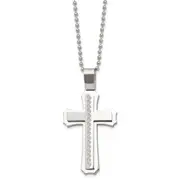 Stainless Steel Chisel Brushed And Polished Swirl Design Cross Pendant On A 24 Inch Ball Chain Necklace