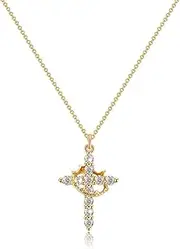 [LANWLOSI] Cross with Crown Necklace for Women Dainty 14k Gold Cubic Zirconia Crown Cross Necklace Trendy Cross Necklace with Crown Gold Silver Cross Pendant Necklace Religious Christian Jewelry
