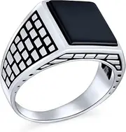[Bling Jewelry] Personalized Geometric Brick Design Band Rectangle 2CT Emerald Cut CZ Simulated Blue Sapphire Gemstone Black Onyx Mens Engagement Ring Band For Men Customizable