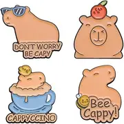 [zhanghaoran] 4Pcs Don't Worry Be Capy Enamel Pins Cute Animal Badges Lapel Pins Cartoon Coffee Orange Bee Capybara Brooches for Backpacks Jacket Accessories Gift, Alloy Steel, no gemstone