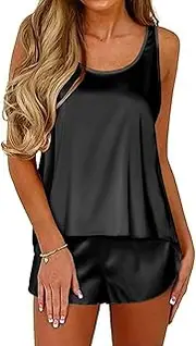 [Ekouaer] Womens Satin Silk Pajamas Back Split Tank Top and Shorts Silky Pj Set Sleepwear S-XXL