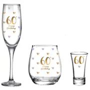 3pc LMD 60th Birthday Champagne/Stemless/Shot Glass Drinkware Set Clear
