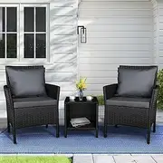 ALFORDSON Outdoor Patio Furniture 3pcs Conversation Set with Back Pillows, Wicker 3 Pieces Lounge Chair & Glass Coffee Table Setting, Steel Frame Garden Rattan Sofa with Seat Cushions, Black