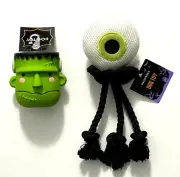 Halloween Dog Squeak Toys: Lot of 2 Eyeball Tug Chew Rope, Frankenstein New