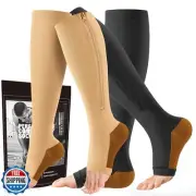 cerpite Zipper Compression Socks - 2 Pairs Open Toe Compression Stockings for
