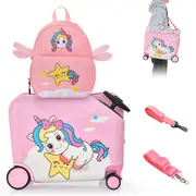 Babyjoy 2PCS Kids Ride-on Luggage Set 18" +12" Portable Suitcase & Backpack Set w/Anti-Lose Rope Pink