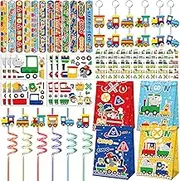 Erweicet Train Party Favors 72PCS Slap Bracelets DIY Stickers Temporary Tattoos Keychains Plastic Straws Gift Bags for Kids Car Theme Birthday Party Baby Shower