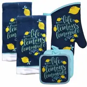 5 Piece Life Lemons Lemonade Blue Theme Kitchen Oven Mitt Pot Holder Towels Set