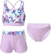 [Jhaoyu] Girls Print 3 Piece Swimsuits Bikini Sets with Boyshorts Tankini Bathing Suit Summer Beach Rash Guard Swimwear