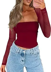 [CSDAJIO] Women's Going Out Tops Lace Long Sleeve Square Neck Crop Top Shirt Strapless Tube Top and Bolero Set