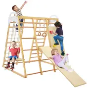 Costway Climb Playset 8-in-1 Wood Climbing Frame Swing Slide Play Set Playground Indoor Daycare Gifts Natural