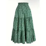 Tiered Midi Green Floral Skirt XL Peasant Boho Chic Hippie Layered Elastic Waist