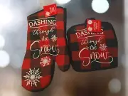3pc Kitchen Set Happy Holidays Red & Black Buffalo Check Pot Holders Oven Mitt
