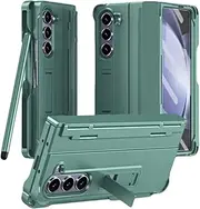 Case for Samsung Z Fold5 Fold4 Fold3 Phone with Pen Slot and Pen Hinge Bracket Shell Membrane All-Inclusive Protective Cover,Green (Pen Attached),for Samsung Z Fold5