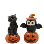 Cosmos Halloween Owl And Black Cat On Pumpkin Salt And Pepper
