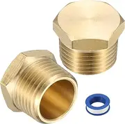uxcell 2Pcs Brass Hex Head Plug Compression Cap Fitting Stop Valve Cap, 1/2" NPT Hex Thread Pipe Fitting Flare Cap Tubing Ends Sealing Cap with PTFE Tape for Air Conditioner, Water, Gold