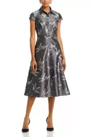 Aidan Mattox Floral Jacquard Spread Collar Button-Up Midi Fit & Flare Dress