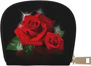 [JEJEA] Red Roses Print Credit Card Holder Wallet, Small Card Holder Wallet with Zipper,Leather Card Holder, White, One Size