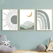 Herfair Set of 3 Posters for Children's Room, Green Rainbow Sun Pictures, Wall Pictures, Boho Baby Room Decoration, Wall Posters for Children, Boys, Girls, Without Frame (40 x 50 cm)