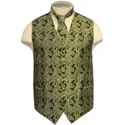 New Microfiber men's Paisley Vest Tuxedo Waistcoat_Necktie OLIVE GREEN wedding