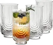 Luminthra Vintage Ribbed Glass Cups, Set of 4 (14 oz) - Ripple Highball Glasses for Cocktails, Juice, and Coffee (Style 1)