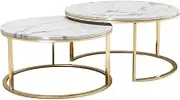 2 Sets of Nesting Tables, Round Marble Tops Coffee Table, Modern Accent Side End Table for Living Room Home Office,White+Gold-70cm+50cm