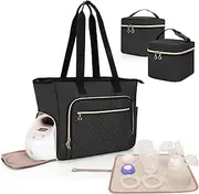 LUXJA Breast Pump Bag Compatible with Spectra S1 and S2 (with a Breastmilk Cooler Bag, a Small Carrying Case and a Waterproof Mat), Pumping Bag for Breast Pump and Extra Parts, Black