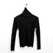Long-Sleeve Turtleneck Plain Ribbed Slim Fit Knit Top Black - One Size