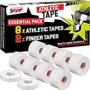 White Athletic Tape: 8 Rolls + 2 Finger Tape. Easy to Apply, No Sticky Residue. Sports Tape for Boxing, Football or Climbing. Enhance Wrist, Ankle & Hand Protection Now