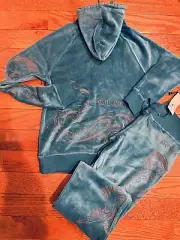 BCBGMaxAzria VTG TURQUOISE MONSOON BLUE studded embellished Velour Track Suit S