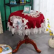Decorative Red Printed Flower Lace Chenille Round Printed Tablecloth Dinner Party Summer Outdoor Picnic Tablecloth, Anti-Wrinkle/Red/Diameter 200Cm