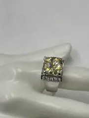 Sterling Silver Large Yellow Stone and White Cubic Zirconia Ring Sz 7.25 new