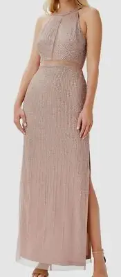 $351 Aidan By Aidan Mattox Women's Beige Round Neck Beaded Gown Size 10