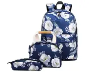 B03 3PCS Girls Print Backpack Small Fresh Backpack Portable School Bag Computer Bag Lunch Insulation Backpack-Blue