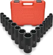 02474A 1/2" Impact Socket Set, 15 Piece Metric Socket Set 10-24 Mm, Deep Sockets
