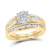 14k Yellow Gold Diamond Cluster Bridal Wedding Ring Set 1/2 Cttw
