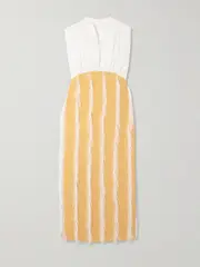 [DESTREE] DESTREE - Paz Faux Feather-trimmed Pleated Cotton-blend Twill Midi Dress - Yellow - small small Yellow