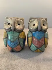 2 Vtg Mosaic Raku Glaze Owls Hand Made South Africa Ceramic Statue Figurines 7"
