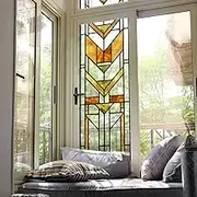 Faux Stained Glass Effect Transparent Window Film, Original Hand Dawn Static Cling Home Decal Inspired by Frank Lioyd Wright, 16.93" x84.65" Hollyhock House, Boho