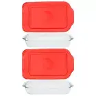 Pyrex (2) 232 2qt Glass Baking Dishes & (2) 232-PC Red Plastic Lid Covers