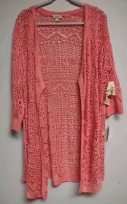NWT One World 2X Cardigan Long Crochet Coral Persimmon